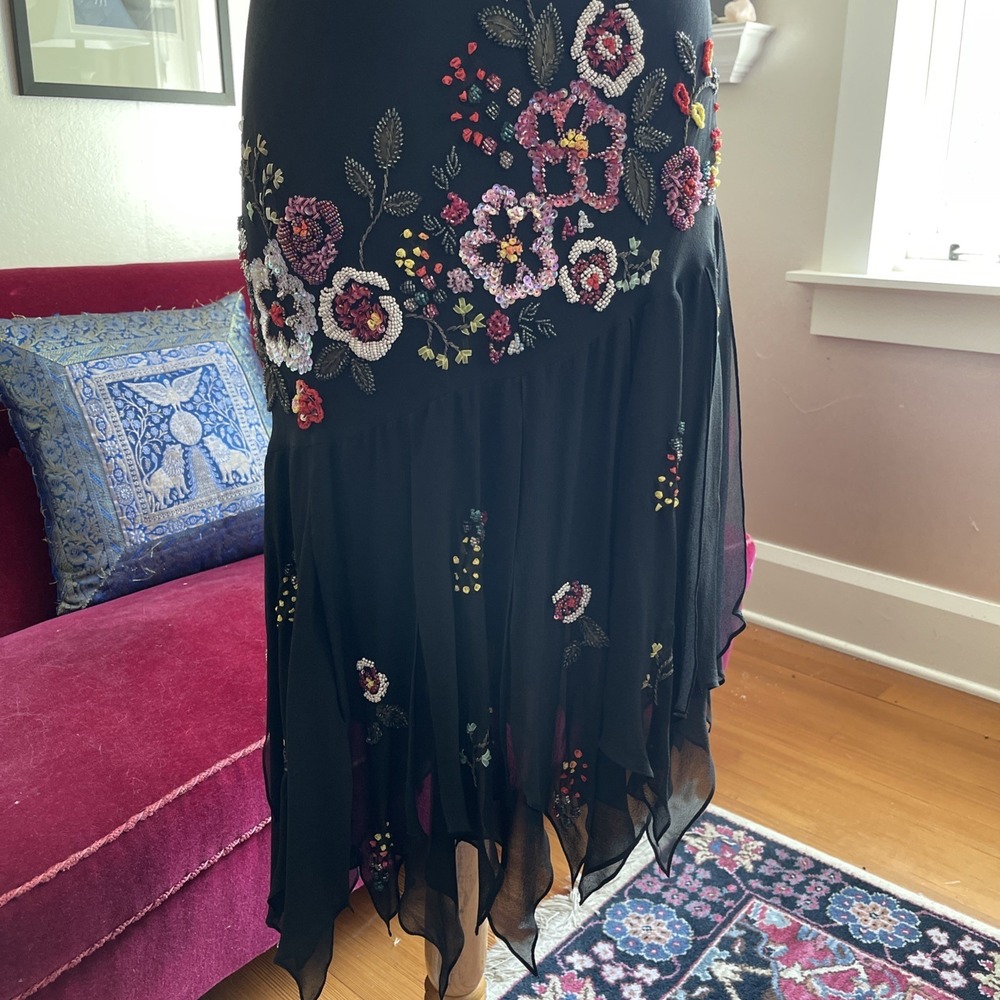 Vintage Y2K 100% Silk beaded Black Floral Evening Gown Midi -Sue Wong- 12 - Picture 9 of 16
